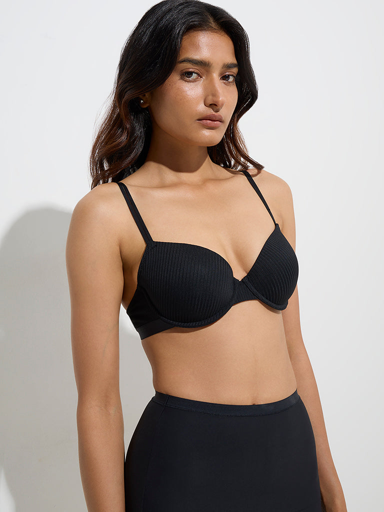 Westside Wunderlove Women's Black Self-Striped Under-Wired Bra for Casual Wear Front View
