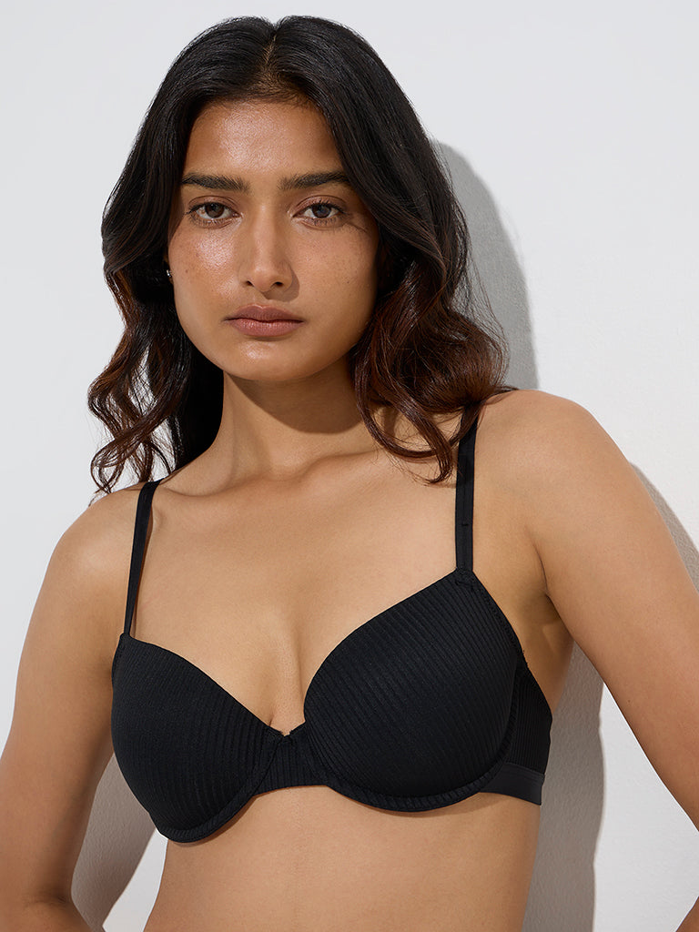 Westside Wunderlove Women's Black Self-Striped Under-Wired Bra for Casual Wear Zoom View