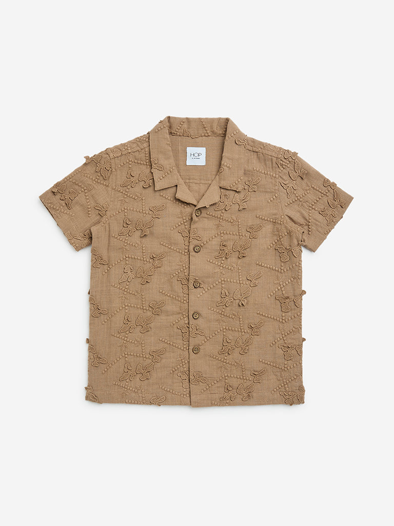 HOP Kids Dark Brown Embroidered Cotton Shirt
