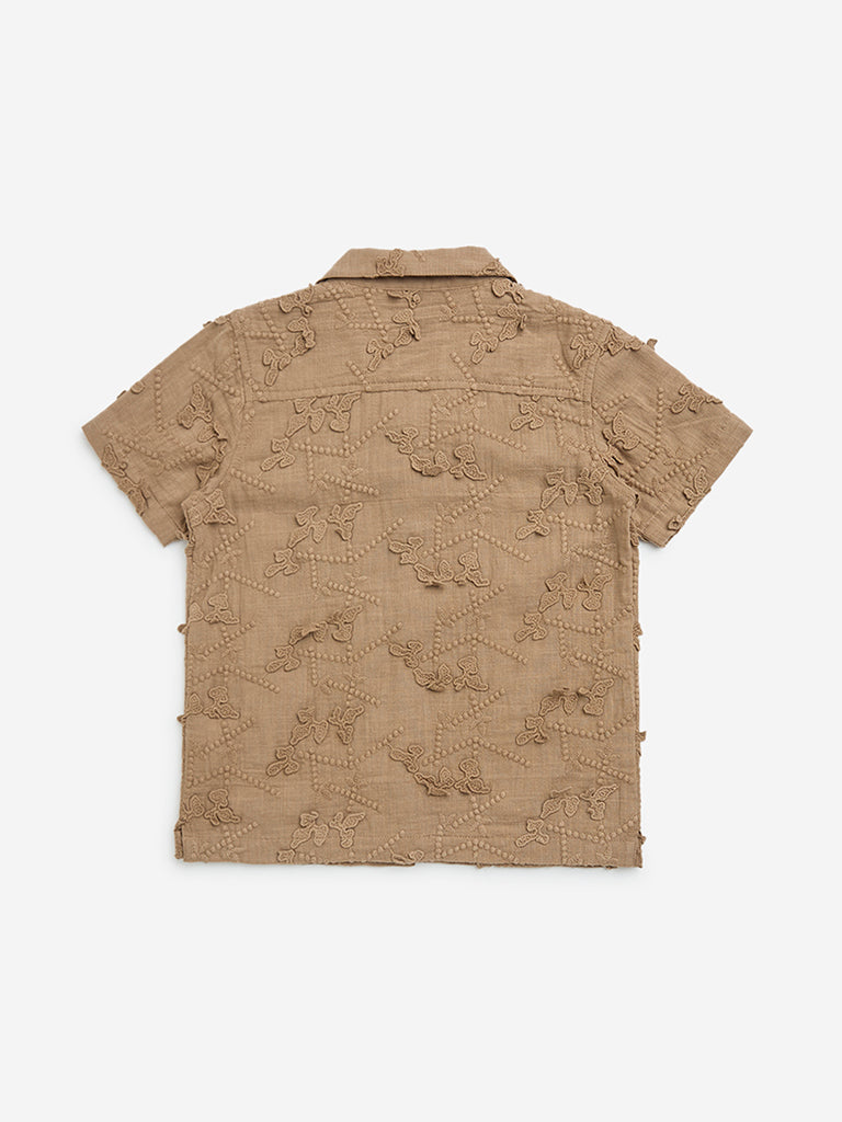 HOP Kids Dark Brown Embroidered Cotton Shirt