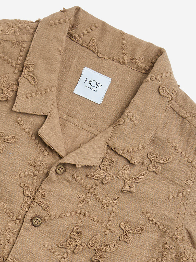 HOP Kids Dark Brown Embroidered Cotton Shirt