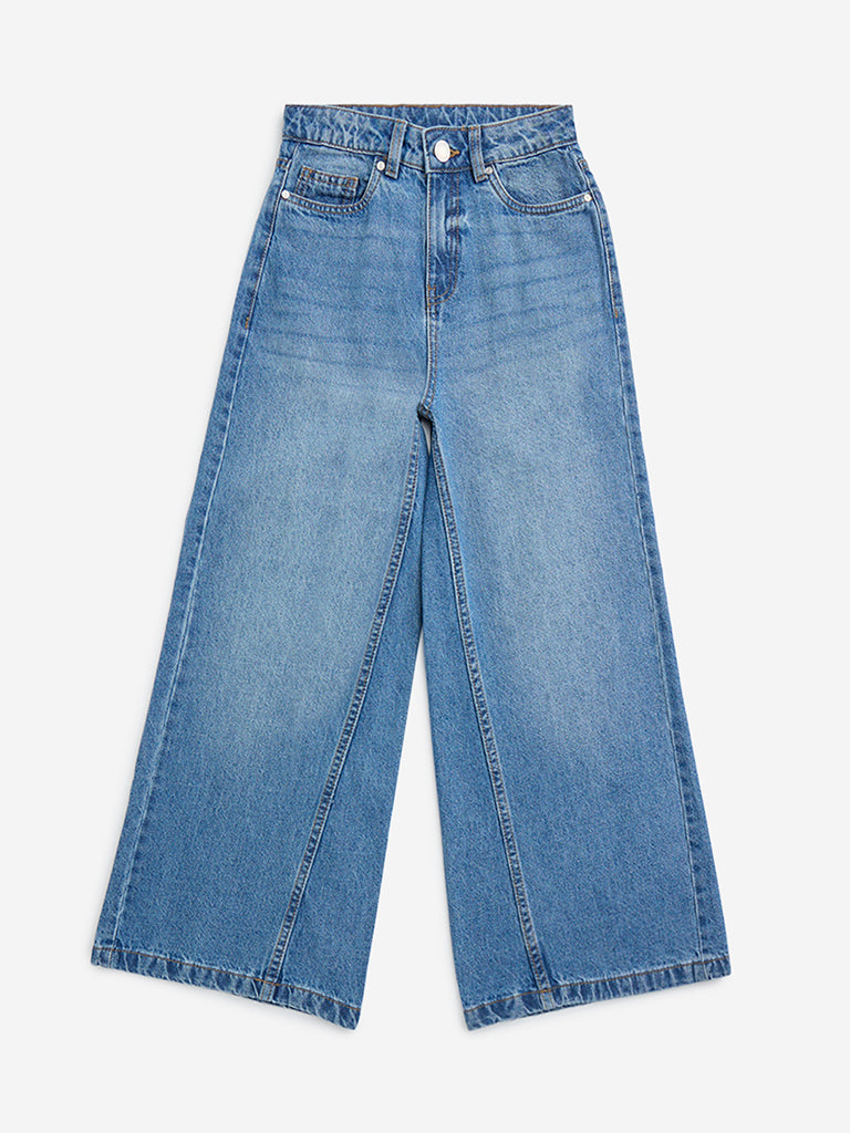 Y&F Kids Blue Faded Straight-Fit Mid-Rise Jeans