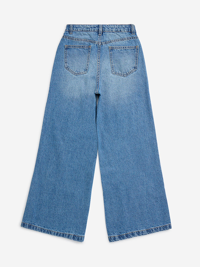 Y&F Kids Blue Faded Straight-Fit Mid-Rise Jeans