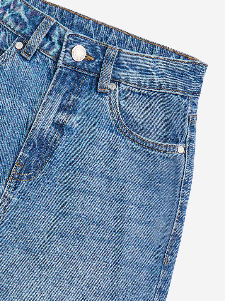 Y&F Kids Blue Faded Straight-Fit Mid-Rise Jeans