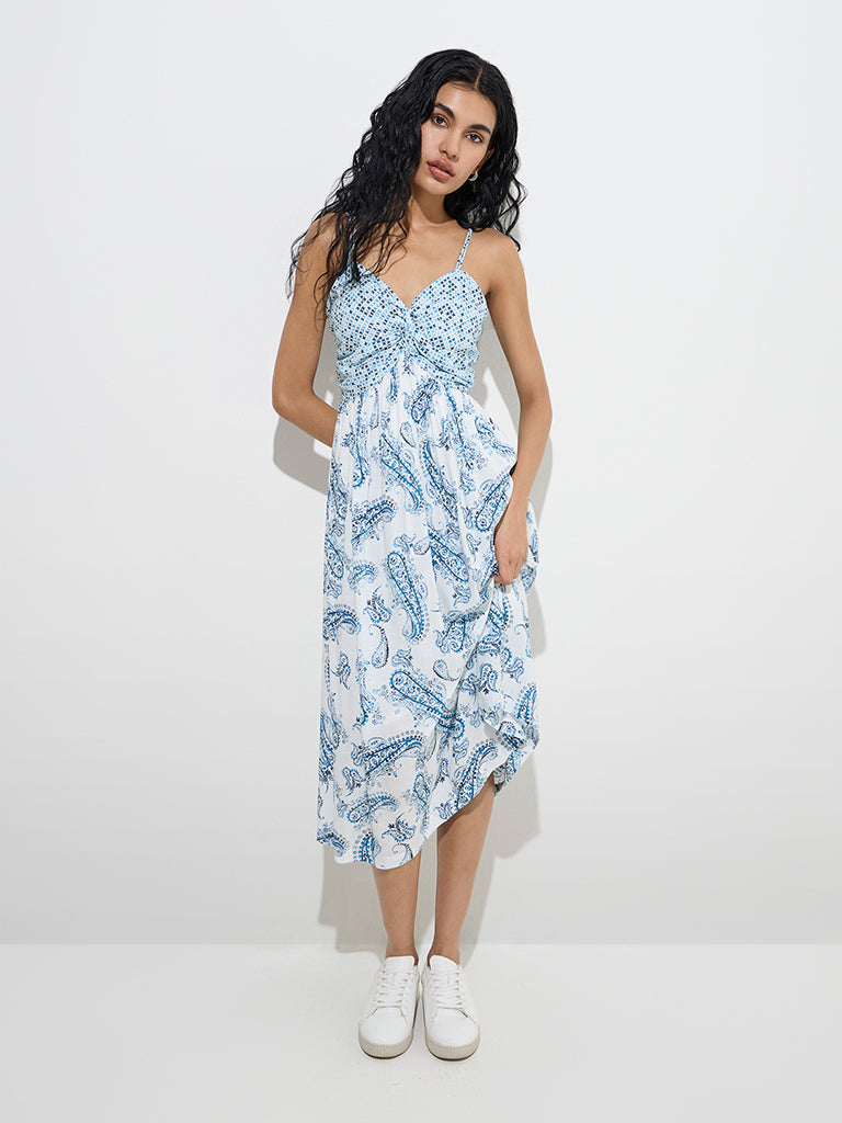 Bombay Paisley Blue Paisley Printed A-Line Dress