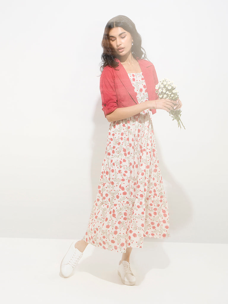 Buy Bombay Paisley White Cotton-Blend Tiered Dress with Jacket