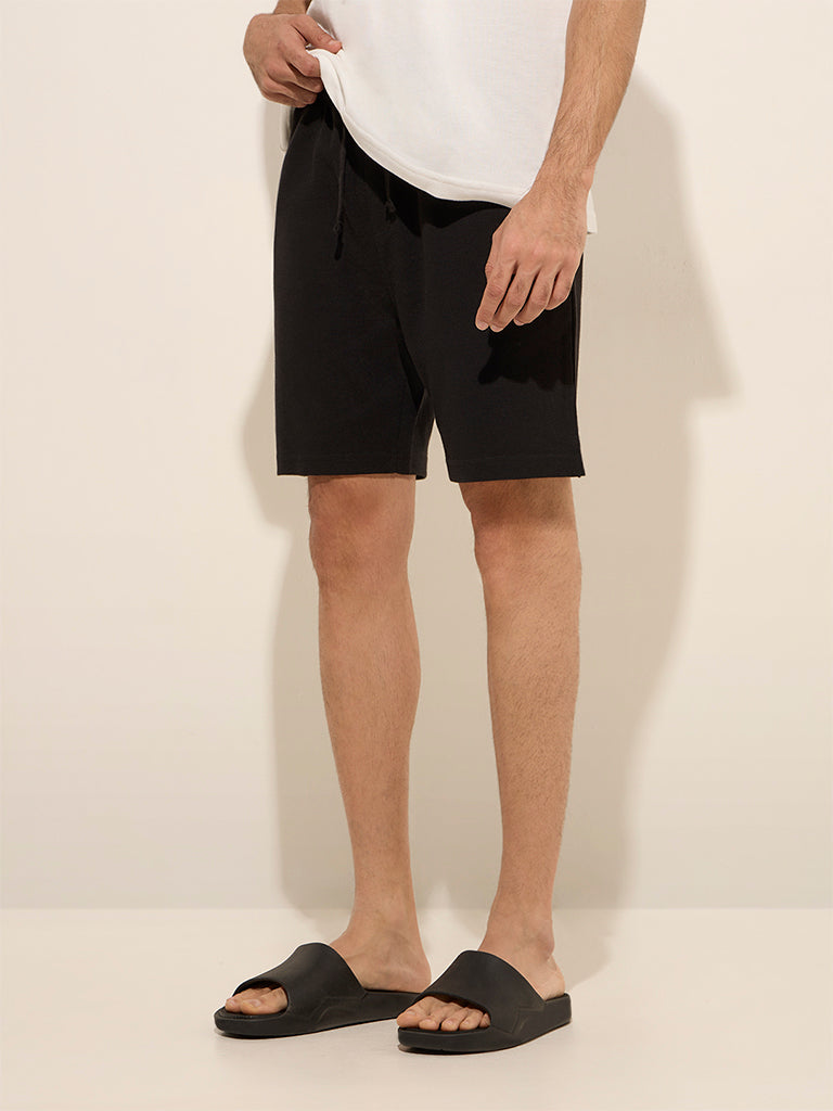 WES Lounge Black Waffle-Texture Relaxed-Fit Mid-Rise Cotton-Blend Shorts