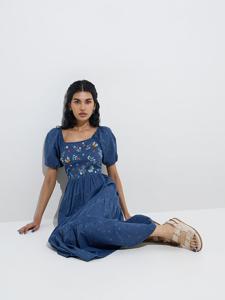 Bombay Paisley Navy Floral Embroidered Cotton Tiered Dress