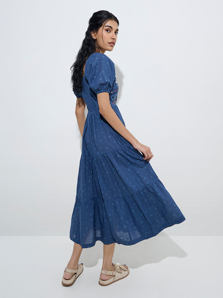 Bombay Paisley Navy Floral Embroidered Cotton Tiered Dress