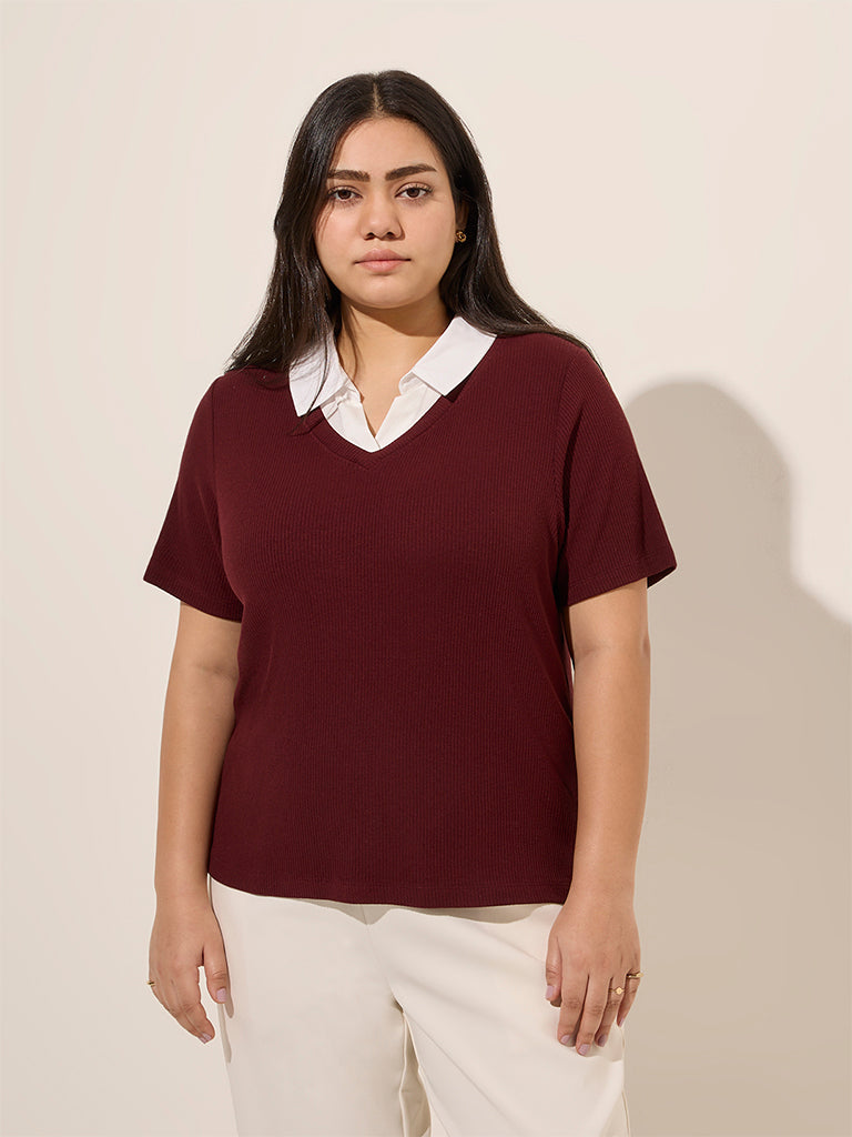 Westside Gia Women's Maroon Layered Ribbed-Textured Cotton-Blend Top for Casual Wear Front View