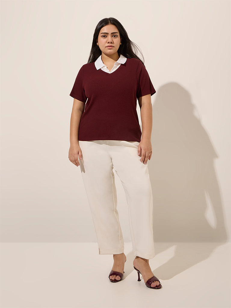 Westside Gia Women's Maroon Layered Ribbed-Textured Cotton-Blend Top for Casual Wear Full View