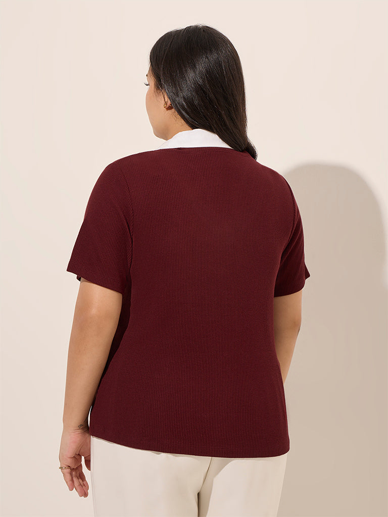 Westside Gia Women's Maroon Layered Ribbed-Textured Cotton-Blend Top for Casual Wear Back View