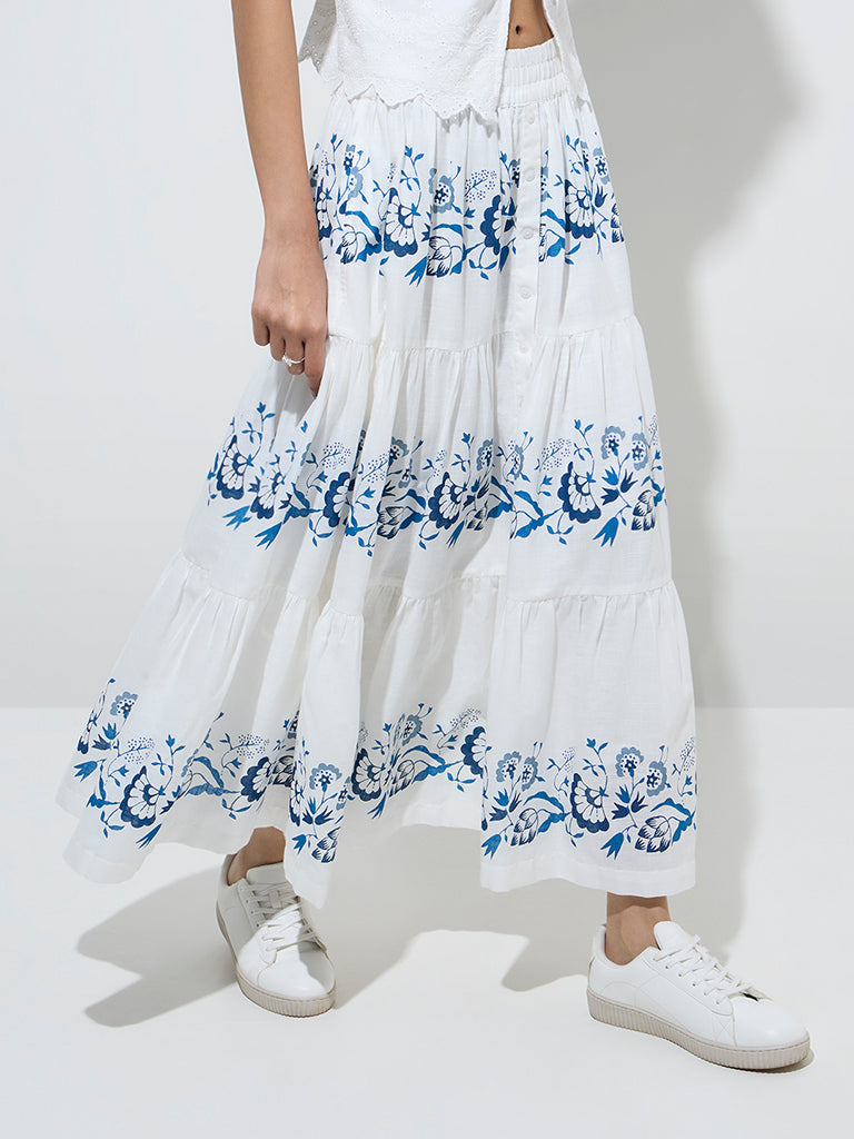 Bombay Paisley White Botanical Design Cotton Tiered Skirt