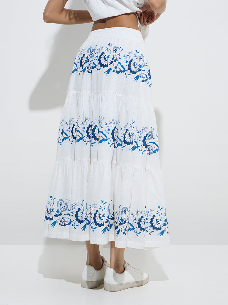 Bombay Paisley White Botanical Design Cotton Tiered Skirt