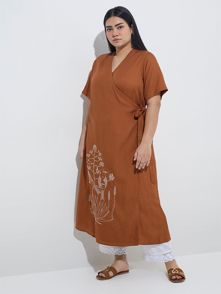 Diza Brown Nature-Inspired Wrap-Style A-Line Kurta