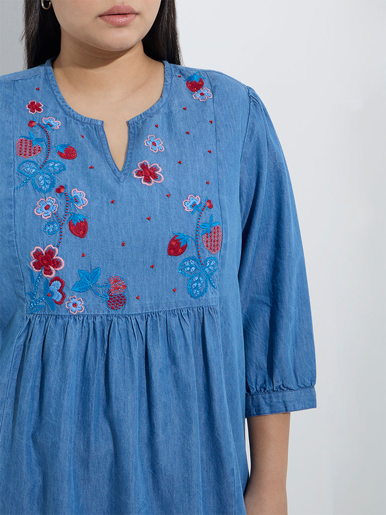 Diza Blue Floral Embroidered Denim A-Line Kurta
