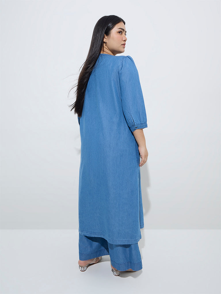Diza Blue Floral Embroidered Denim A-Line Kurta
