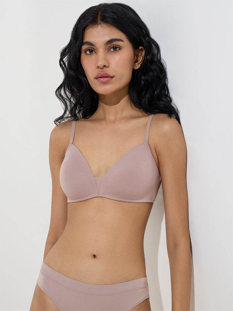 Superstar Light Taupe V-Neck Padded Cotton-Blend Bra