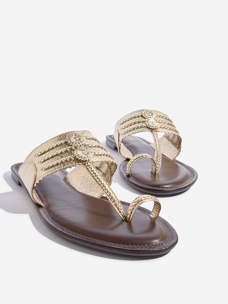 LUNA BLU Gold Braided Kolhapuri Sandals