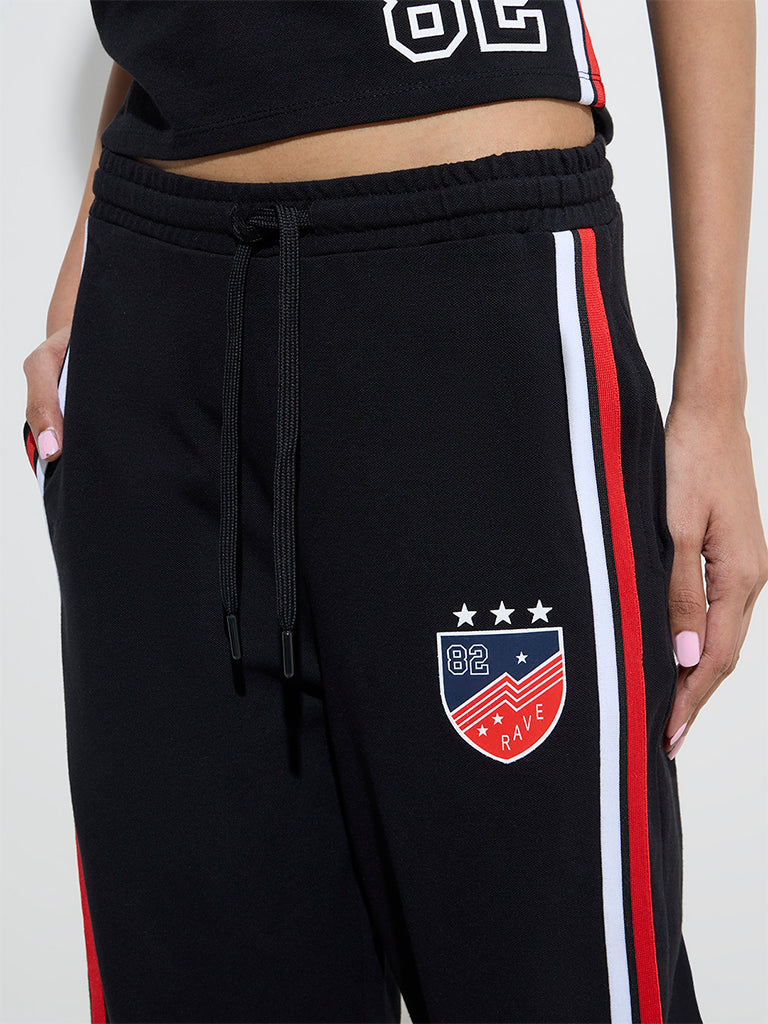 Studiofit Black Striped High-Rise Cotton-Blend Track Pants
