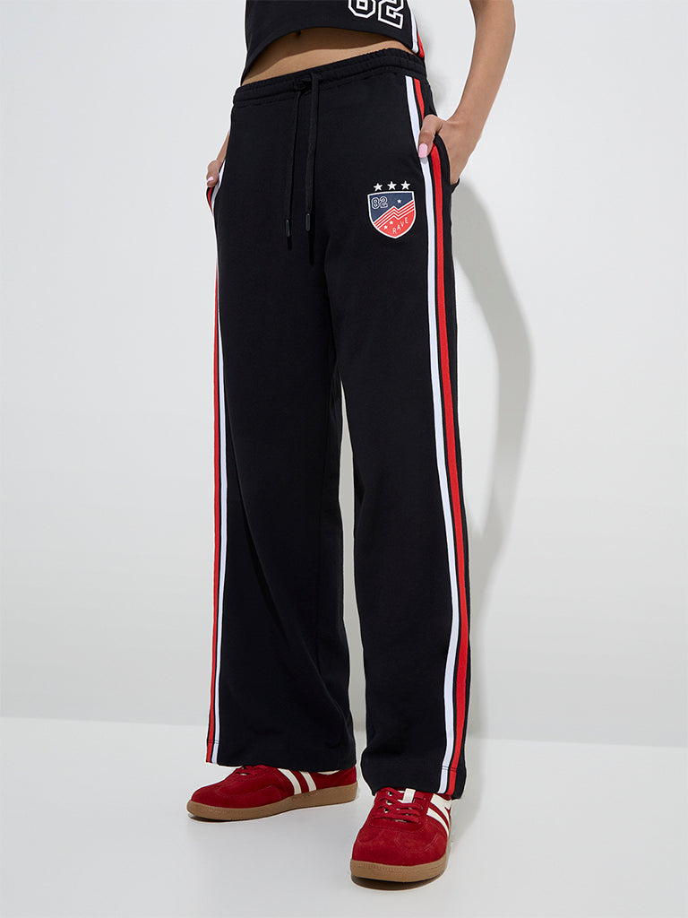 Studiofit Black Striped High-Rise Cotton-Blend Track Pants
