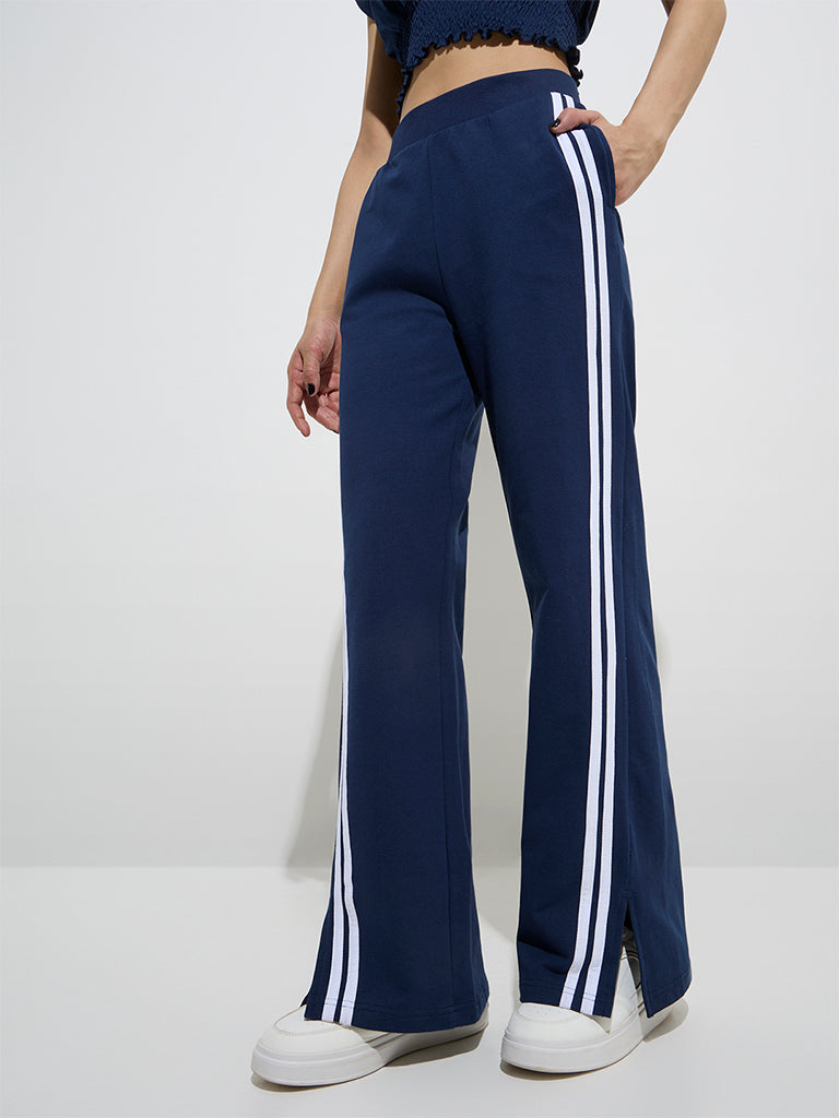 Studiofit Navy Striped High-Rise Cotton-Blend Track Pants
