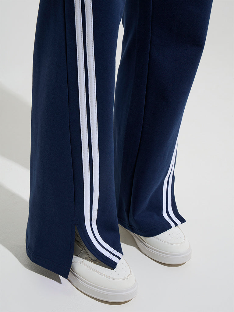 Studiofit Navy Striped High-Rise Cotton-Blend Track Pants