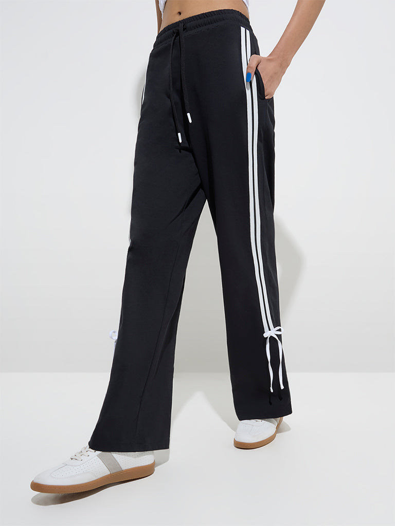 Studiofit Black Stripe Detailed High-Rise Cotton Track Pants