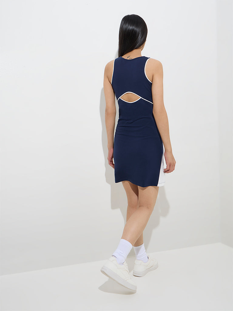Studiofit Navy Cut-Out Detailed Cotton-Blend A-Line Dress