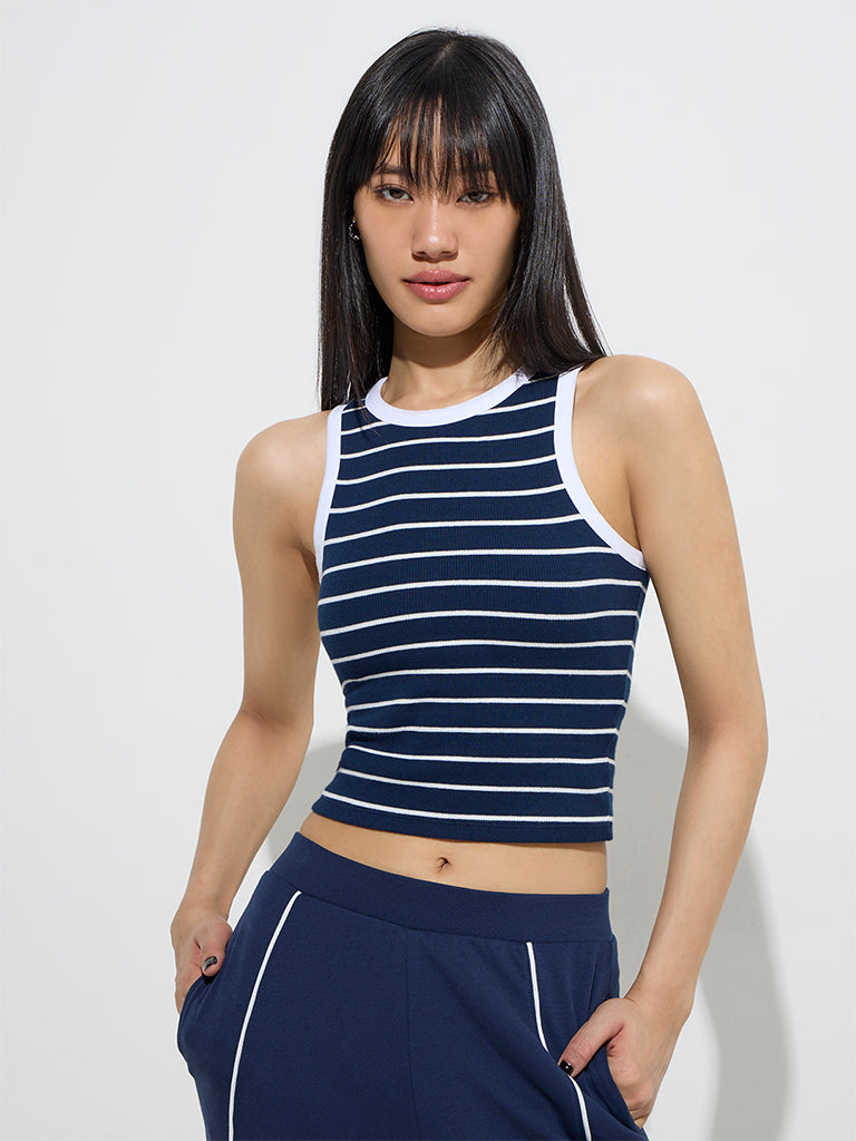 Studiofit Navy Striped Cotton-Blend Tank Top
