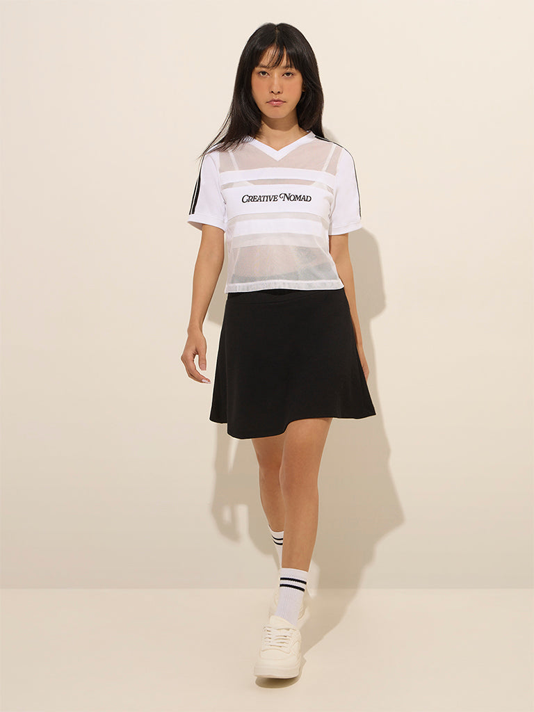 Studiofit White Text Design Mesh-Detailed Cotton T-Shirt