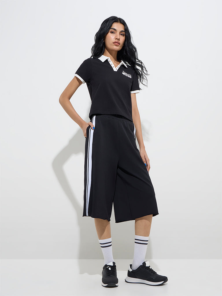 Studiofit Black Text Design Cotton-Blend Polo T-Shirt