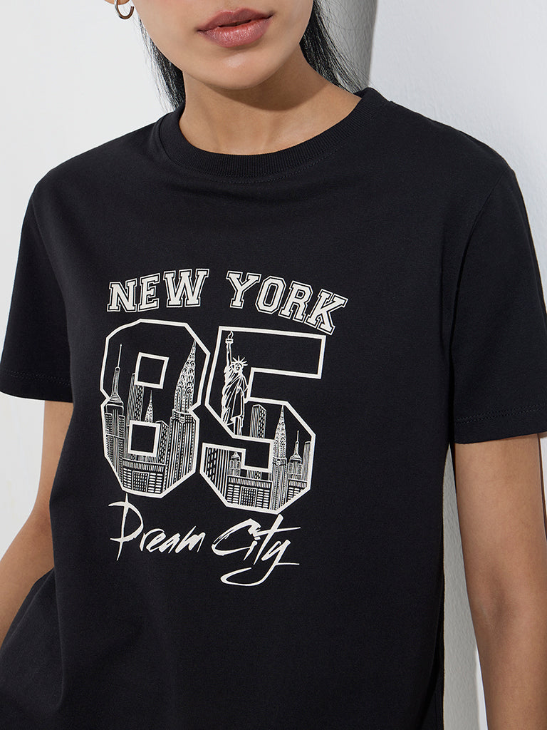Studiofit Black Text Printed Cotton T-Shirt