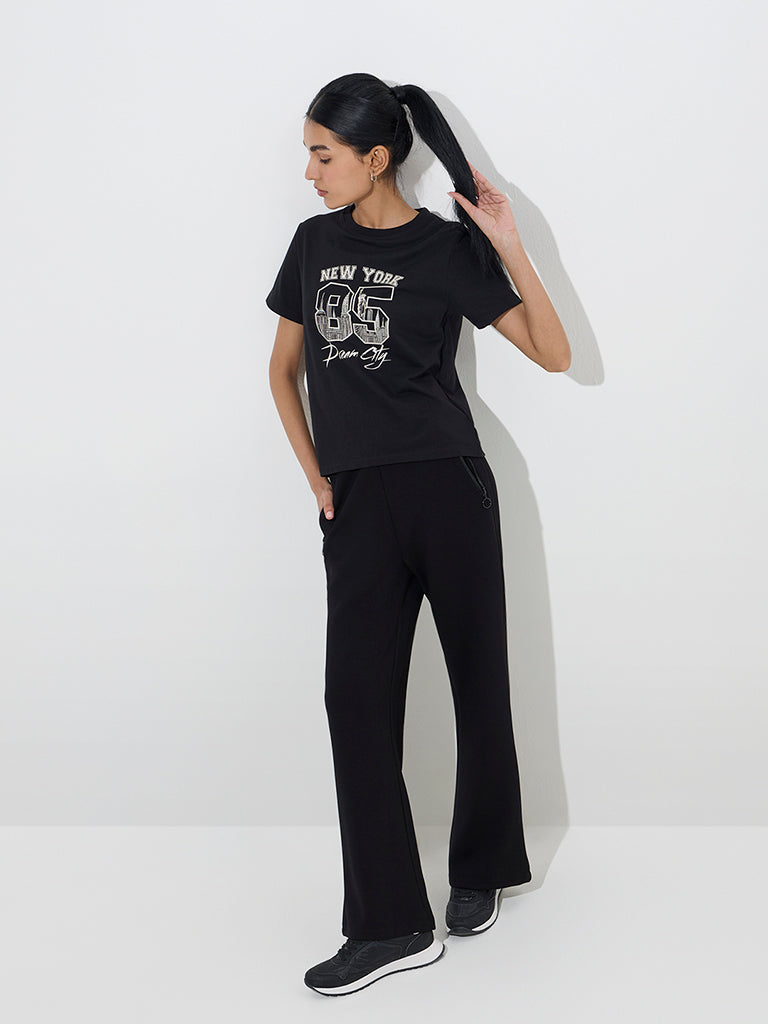 Studiofit Black Text Printed Cotton T-Shirt