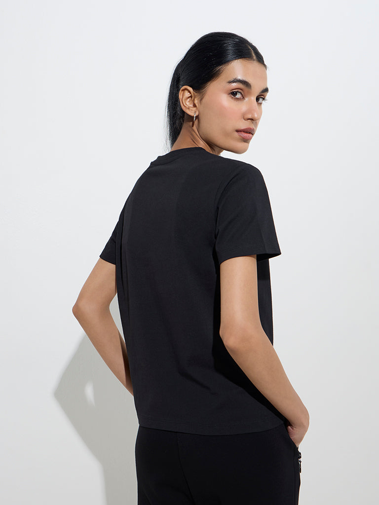 Studiofit Black Text Printed Cotton T-Shirt