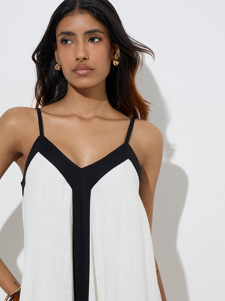 LOV White Contrast-Detailed Linen-Blend Asymmetrical Dress