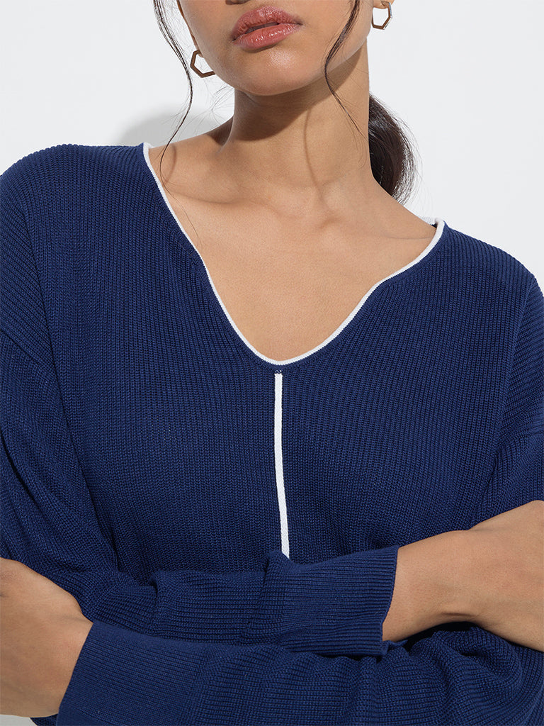 LOV Navy Ribbed-Textured Top