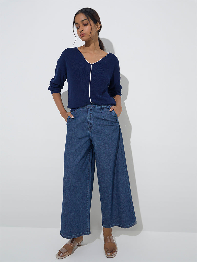 LOV Navy Ribbed-Textured Top