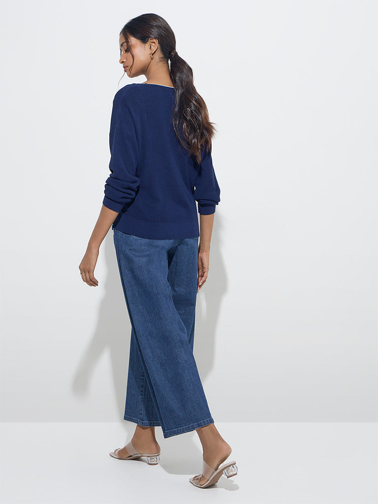 LOV Navy Ribbed-Textured Top