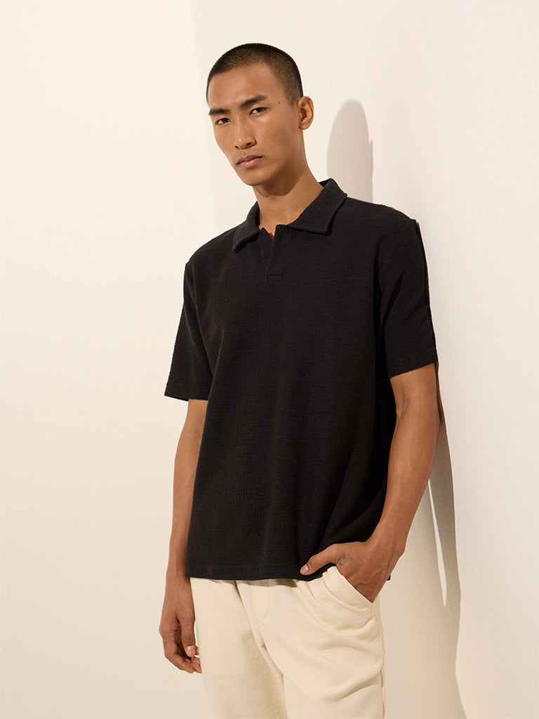 ETA Black Knit-Textured Relaxed-Fit Cotton Polo T-Shirt