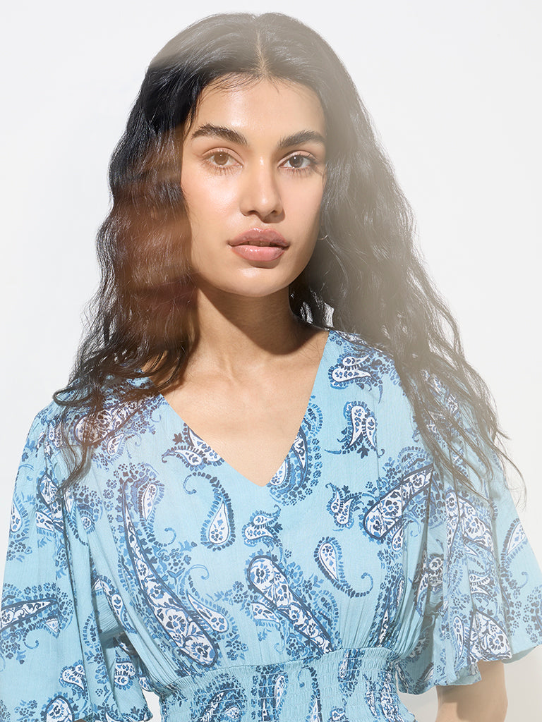 Bombay Paisley Light Blue Paisley Fit-and-Flare Dress