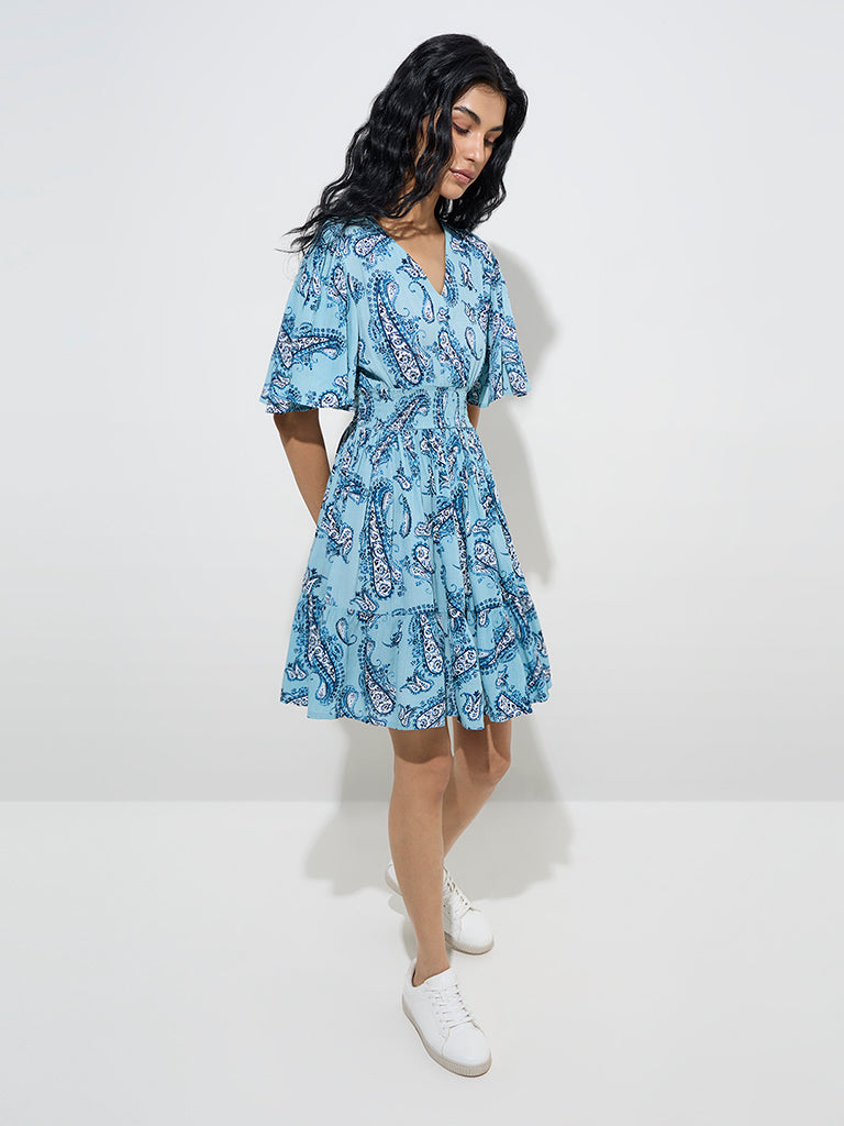 Bombay Paisley Light Blue Paisley Fit-and-Flare Dress
