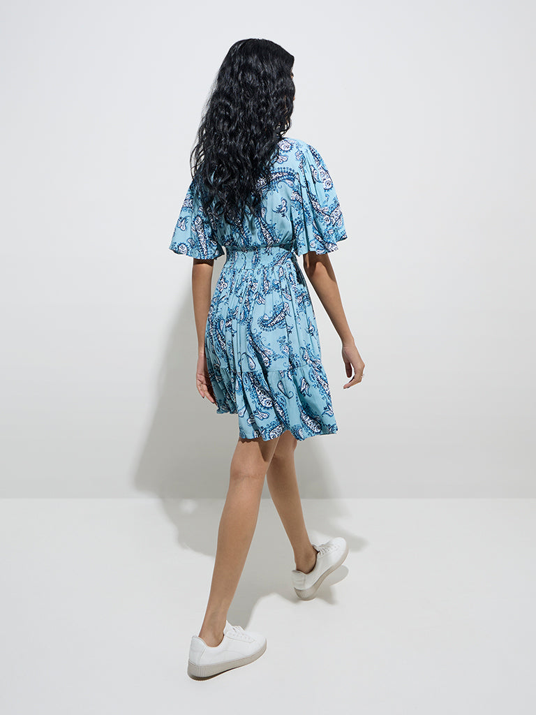 Bombay Paisley Light Blue Paisley Fit-and-Flare Dress