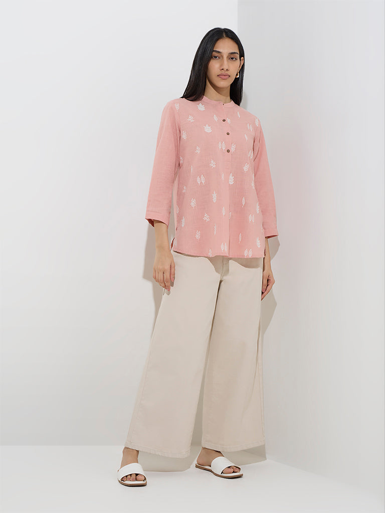 Utsa Dusty Peach Leaf Embroidered Cotton Tunic