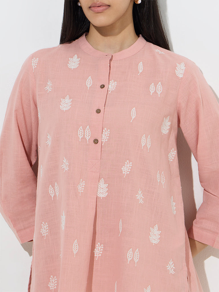 Utsa Dusty Peach Leaf Embroidered Cotton Tunic
