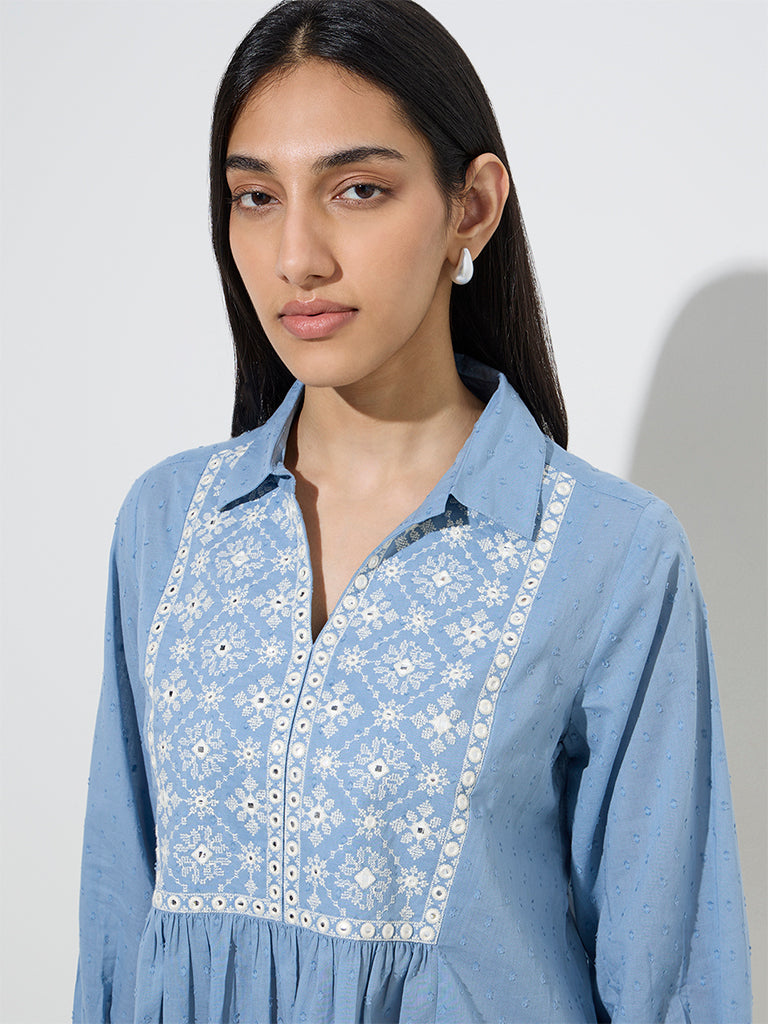 Utsa Blue Embroidered Cotton Tunic