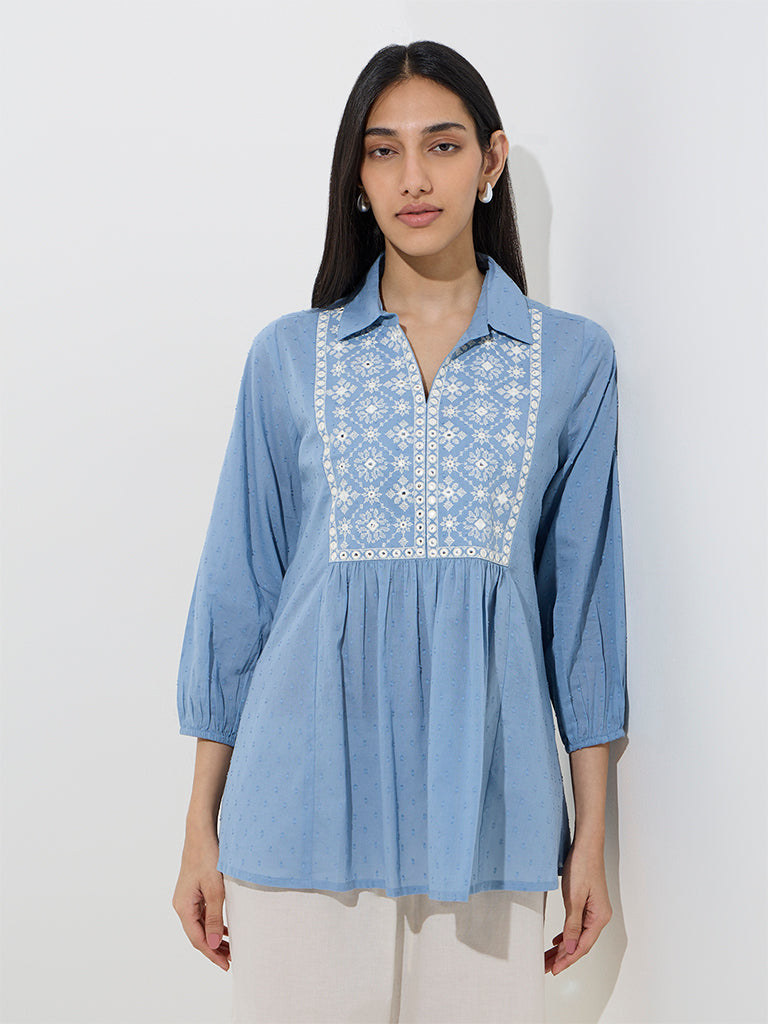 Utsa Blue Embroidered Cotton Tunic