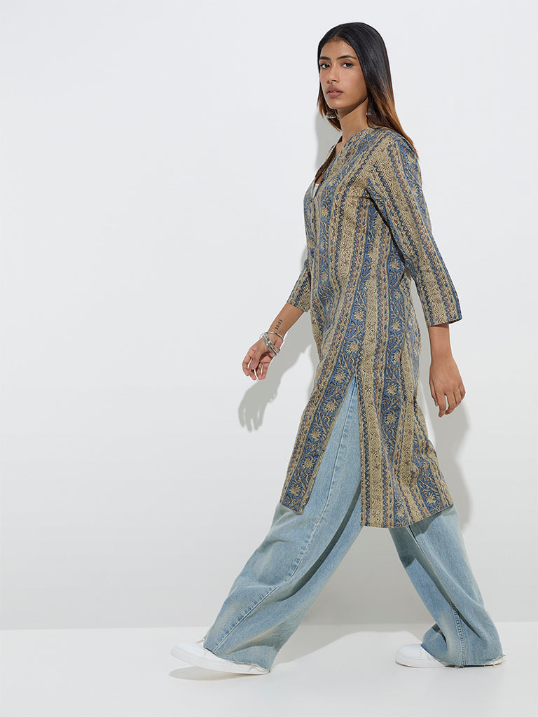 Utsa Blue Botanical Printed Straight Cotton Kurta