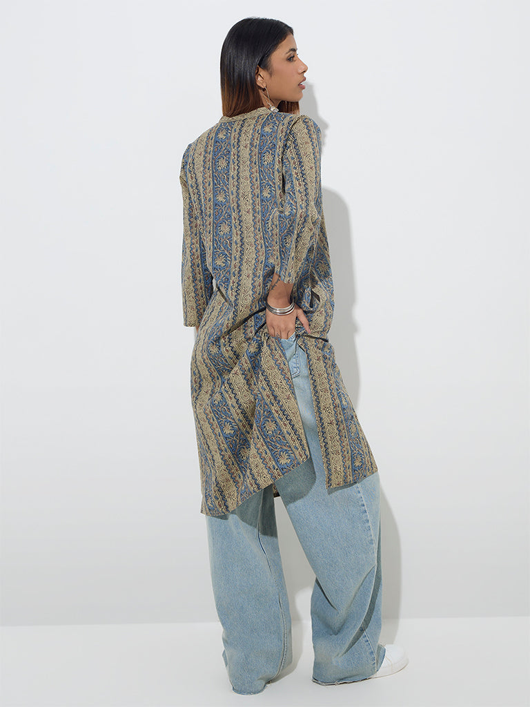 Utsa Blue Botanical Printed Straight Cotton Kurta