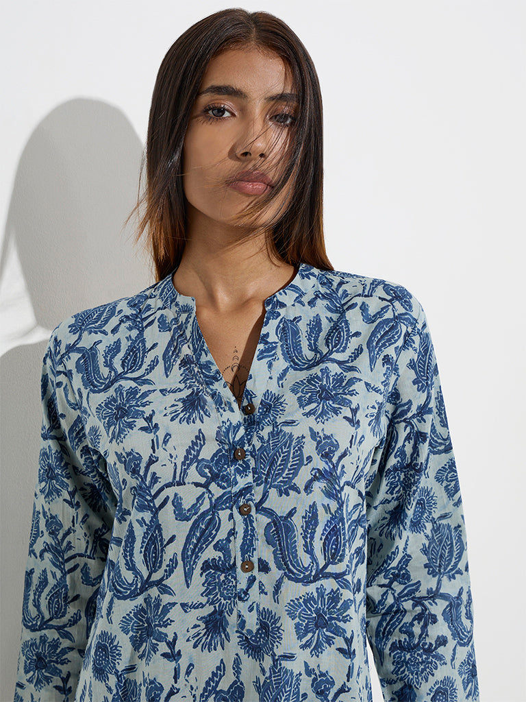Utsa Blue Botanical Printed Straight Cotton Kurta